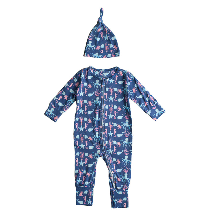 Double Zip Romper PJ and Top Knot Hat Baby Gift Bundle - Down Under Navy