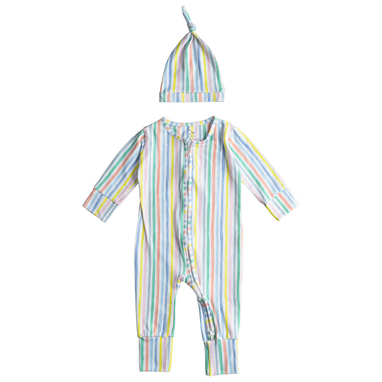 Double-Zip Romper PJ and Top Knot Hat Baby Gift Bundle - Sag Stripes