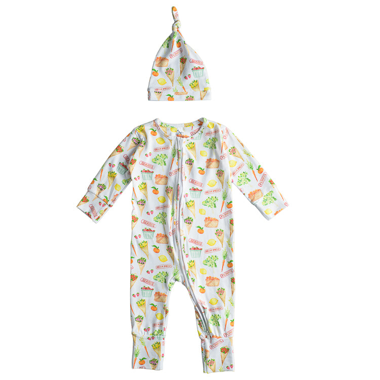 Double Zip Romper PJ and Top Knot Hat Baby Gift Bundle - Farm Fresh