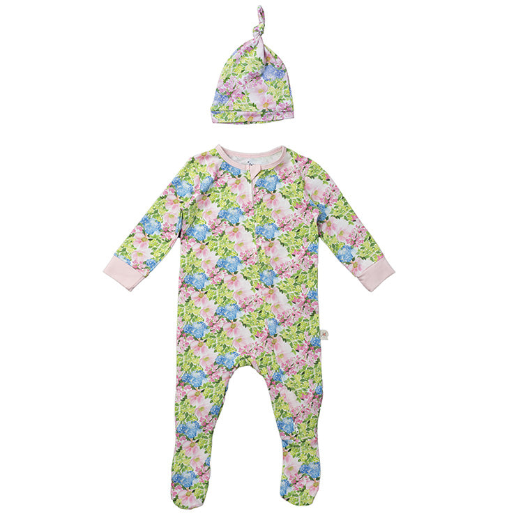 No-Slip Double-Zip Footed PJ and Top Knot Hat Baby Gift Bundle - Amagansett Bouquet