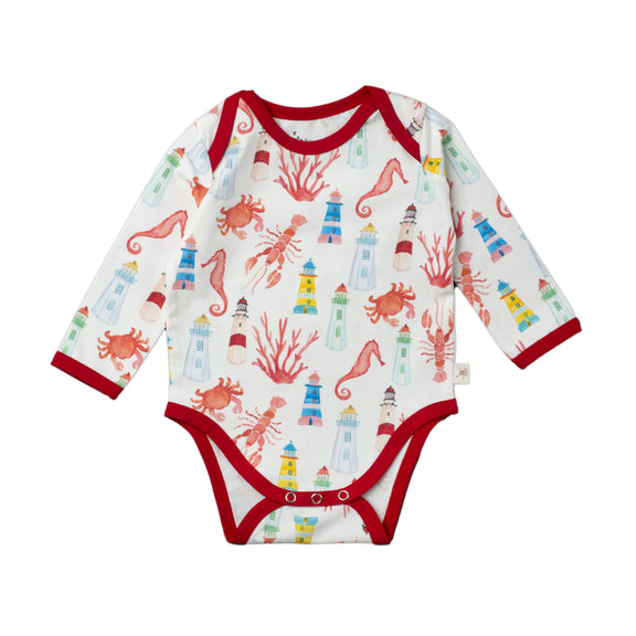 Long sleeve bodysuit with hand painted watercolor print of Montauk Sea, lighthouses, lobsters, crabs and sea horses
