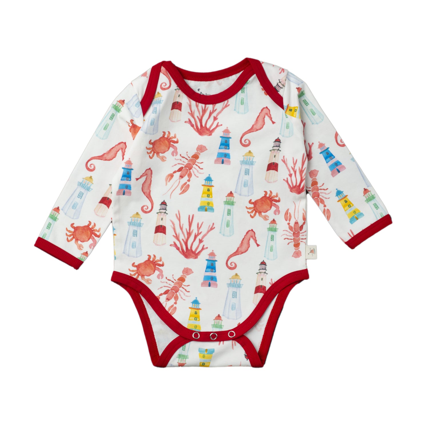 Long sleeve bodysuit with hand painted watercolor print of Montauk Sea, lighthouses, lobsters, crabs and sea horses