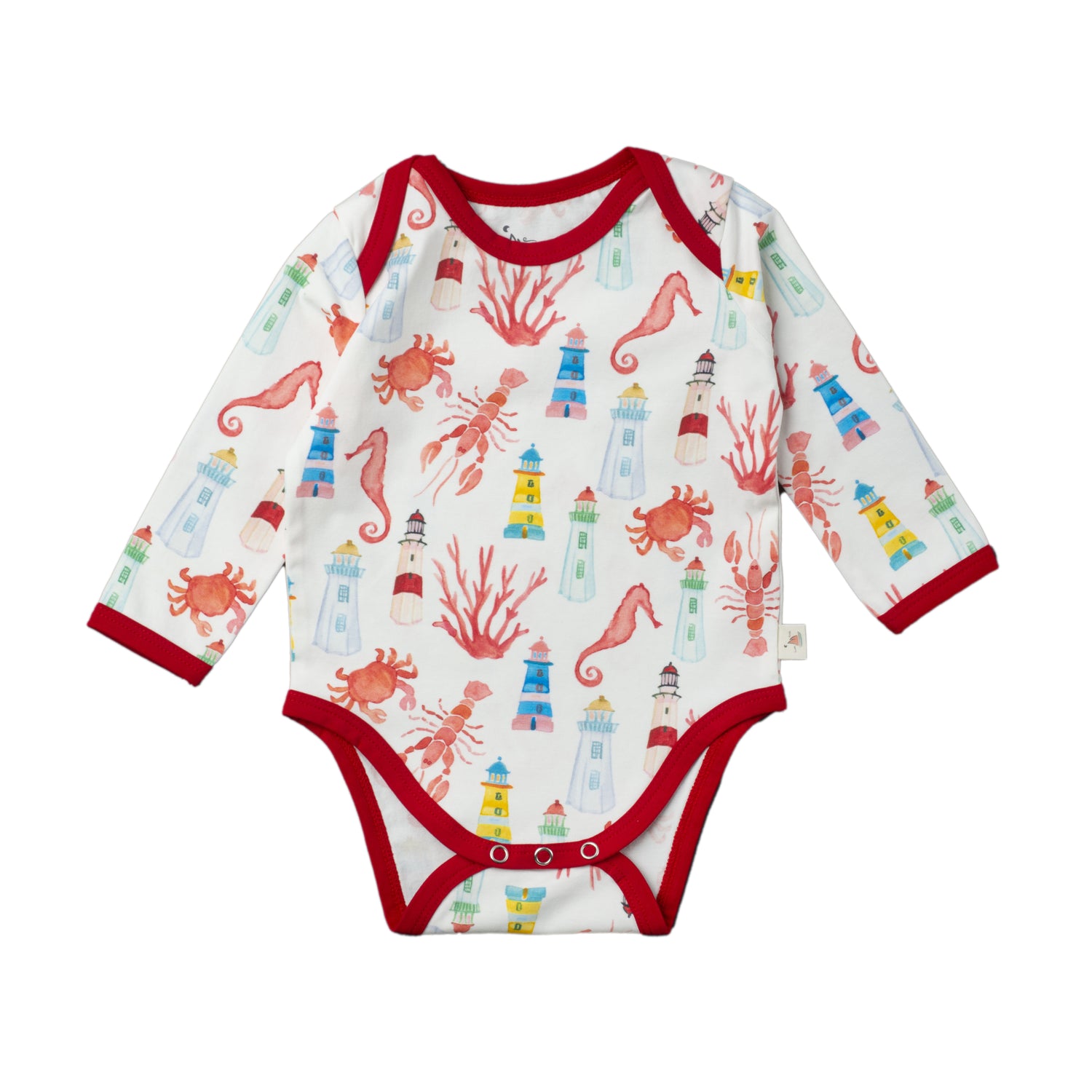 Long sleeve bodysuit with hand painted watercolor print of Montauk Sea, lighthouses, lobsters, crabs and sea horses